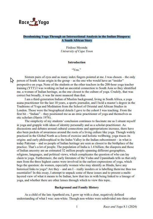 Decolonizing Yoga Through an Intersectional Analysis in the Indian Diaspora: A South African Story